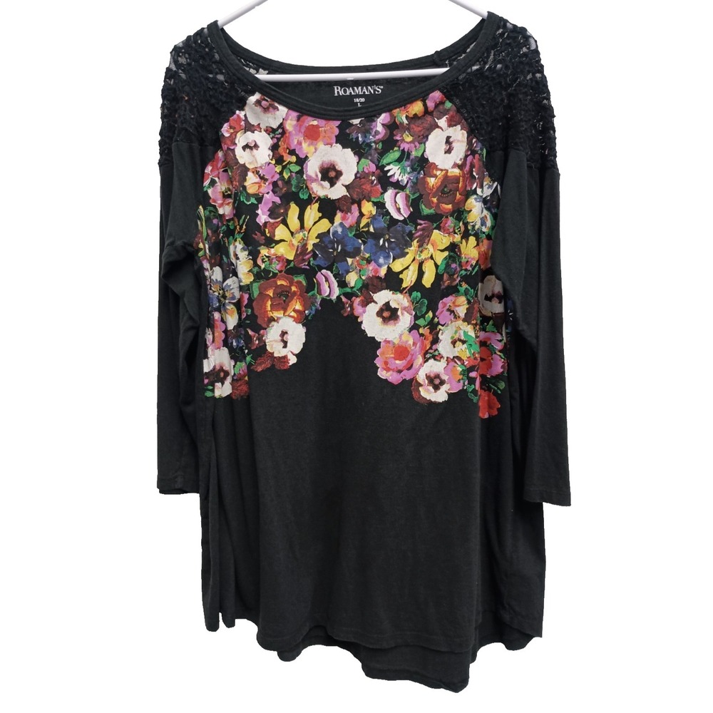 Roaman's Womens BOHO Whimsygoth Tunic Top‎ Sz 18/20 Black Floral Lace 3/4 Sleeve